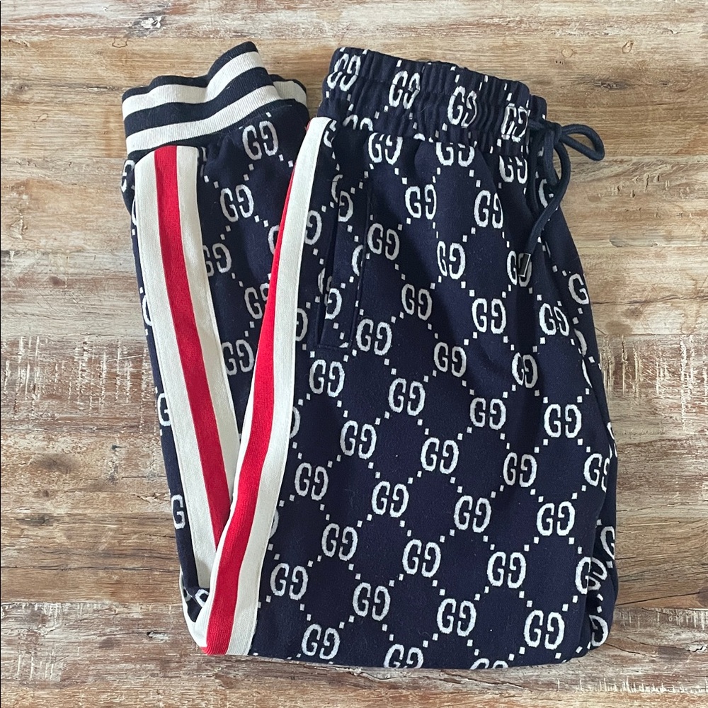 Designer-Inspired Navy GG Print Track Pants with Red Stripe